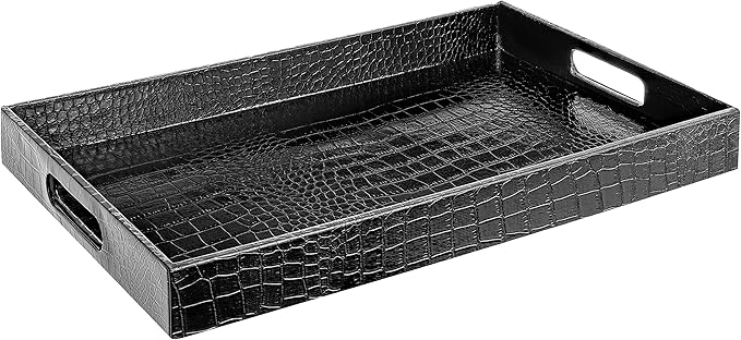 Black Leather Serving Tray with Handles, Glossy Faux Crocodile Print, 17.5x12 Food Drinks Tray for Coffee Table, Breakfast, Dinner & Bar, Decorative Storage Tray for Ottoman, Kitchen, Bedroom, Gift.