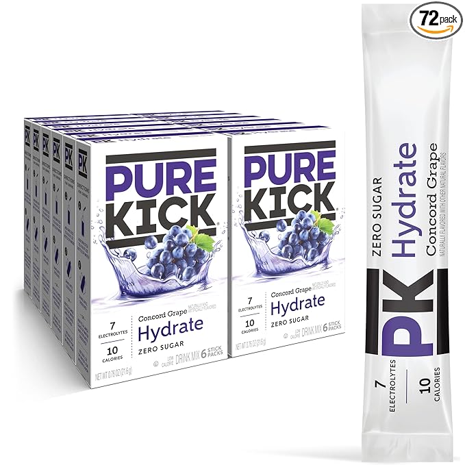 PURE KICK Hydration Singles to Go Drink Mix, Concord Grape, Includes 12 Boxes with 6 Packets in Each Box, 72 Total Packets