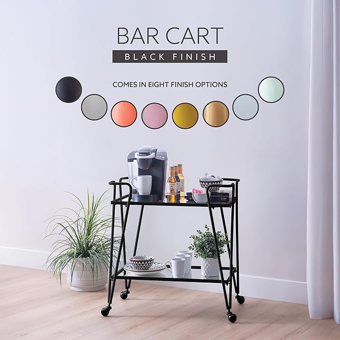 Gina Black Mid Century Bar Cart with Mirrored Shelves by Linon