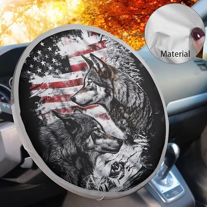 Vintage American Flag Wolf Pattern Car Steering Wheel Sun Shade Cover Universal Steering Wheel Sun Heat Shield Steering Wheel UV Reflector Shade Cover for Truck Car SUV Van