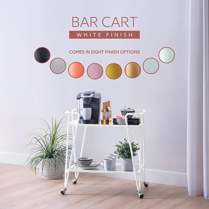 Gina White Mid-Century Bar Cart with Mirrored Shelves and Locking Wheels by Linon