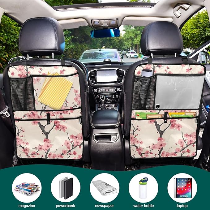 JIPONI Car Backseat Organizer, Japan Cherry Blossoms Automotive Back Seat Protector, Kick Mats with Storage Pockets for Kids Pets, Road Trip Accessories (2 Pack)