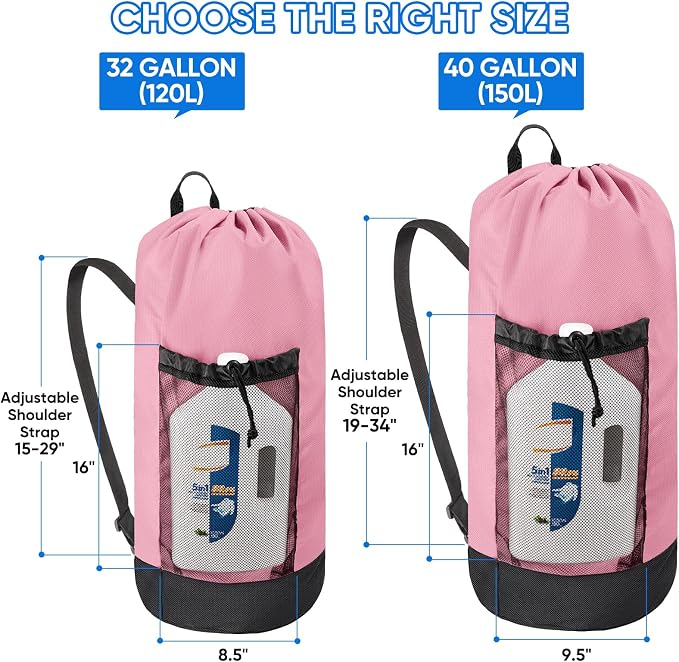 BALEINE 2PK 150L Laundry Bag Backpack, 900D Oxford Fabric Large Travel Laundry Bags with Shoulder Straps and 2 Mesh Pockets for College Dorm, Apartment, Laundromat (Pink, 150L)