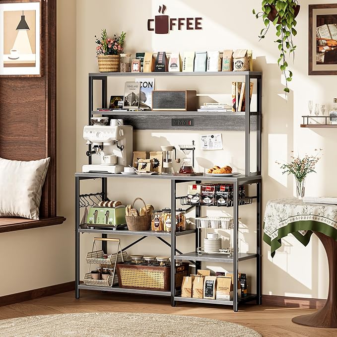 SUPERJARE Bakers Rack with Power Outlet, 47.2 Inches Coffee Bar with Wire Basket, Kitchen Microwave Stand with 6 S-Shaped Hooks, Open Storage Shelves, Grey