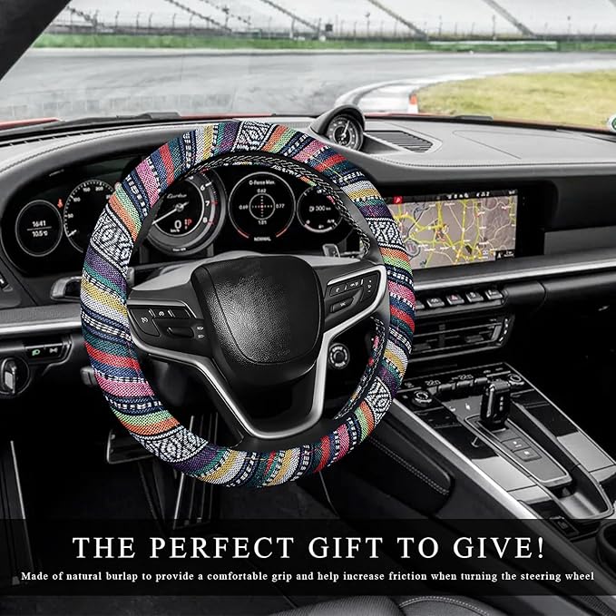 Boho Car Steering Wheel Cover, Ethnic Style Anti-Slip Coarse Flax Cloth Auto Wheel Cover, Bohemian Steering Wheel Protector for Most SUVs Vans Trucks, Car Accessories (Style B)