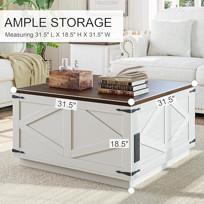 Farmhouse Lift Top Coffee Table, Square Wood Center Table with LED Lighting, USB-C Charging Station, and Hidden Storage Compartment - Rustic White & Oak Living Room Furniture