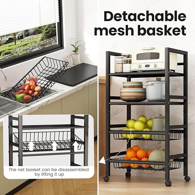 4-Tier Rolling Metal Storage Cart Mobile Organizer with Removable Grid Basket and Locking Wheels, Suitable for Multiple Uses, Black (Large)