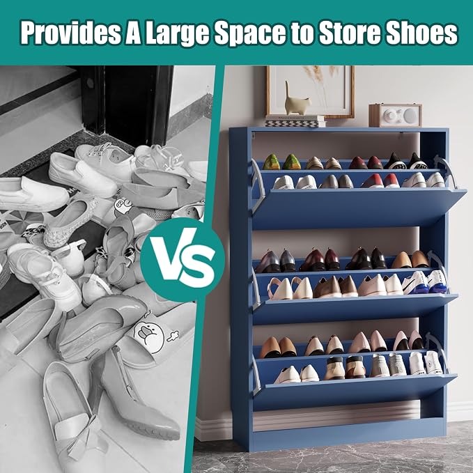 Xixini Shoe Storage Cabinet for Entryway with 3 Flip Drawers, Sturdy Wood Hidden Shoe Storage, Freestanding Narrow Slim Shoe Organizer for Front Door Entrance, Living Room, Hallway, Bedroom, Blue