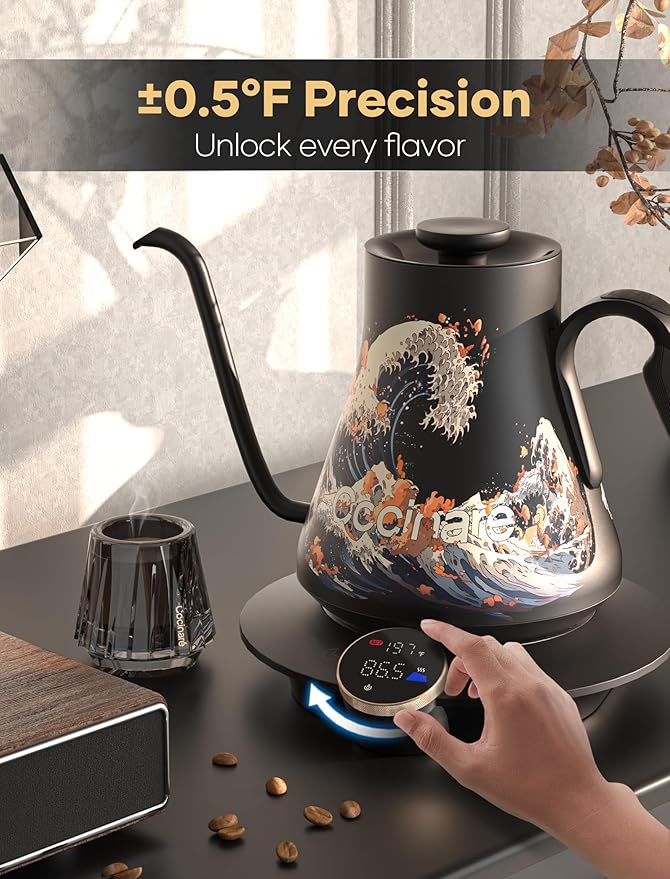 Cocinare Artisan Collection Wave Gooseneck Electric Kettle, ±0.5℉ Precise Temperature Control for Pour-Over Coffee & Tea, Quick Heating 1500W, Stainless Steel Interior, 0.9L