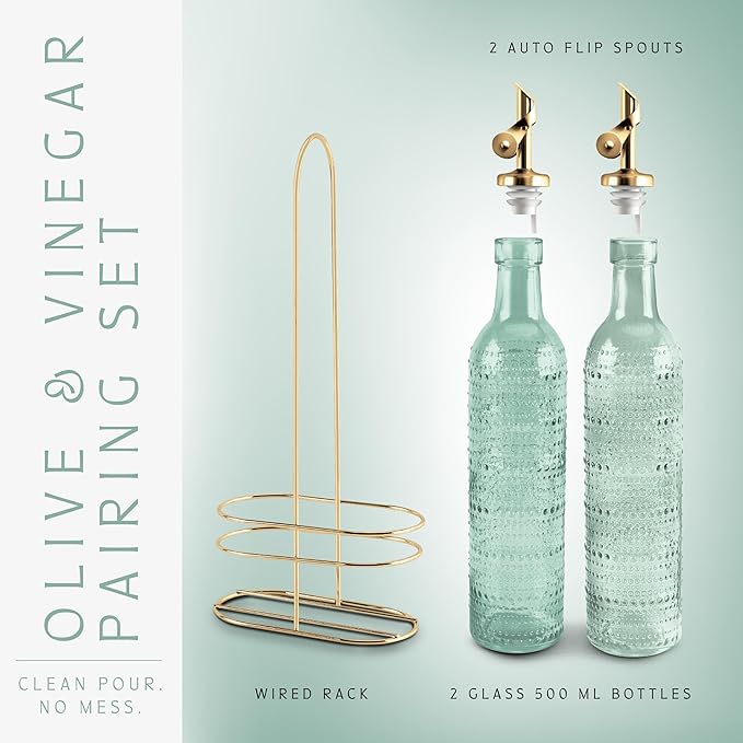 COOK WITH COLOR Glass Olive Oil Bottle Dispenser - 2 Pack- 17oz Oil and Vinegar Cruet - Olive Oil Carafe Decanter for Kitchen, Champagne Bubbles, Green