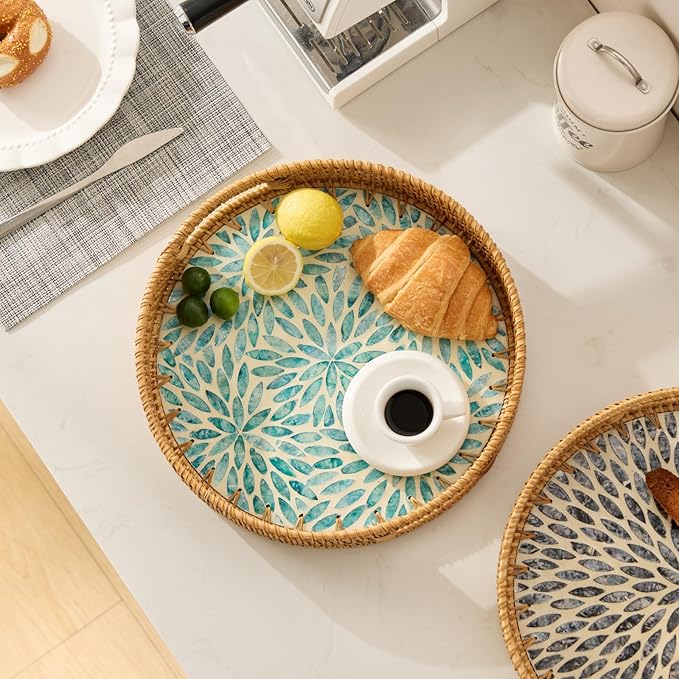 YANGQIHOME Round Rattan Tray with Handle, Mother of Pearl Inlay Decorative Wicker Basket for Coffee, Bread, Fruits, Serving Tray for Home Decor, Blue Flower