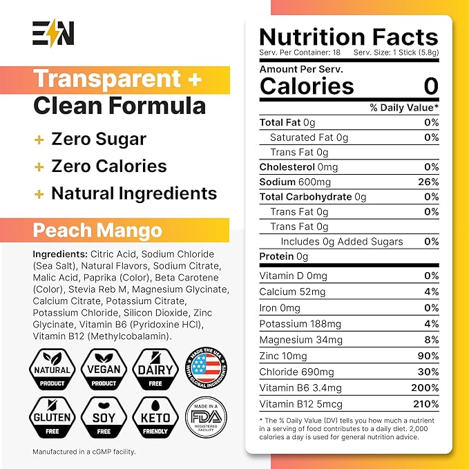 Engineered Nutrition Sugar-Free Electrolyte Powder Packets - Peach Mango - Keto Hydration Packets with Magnesium, Potassium & Sodium - Zero Calorie, Vegan, Non-GMO, Gluten-Free - 18 Single Servings
