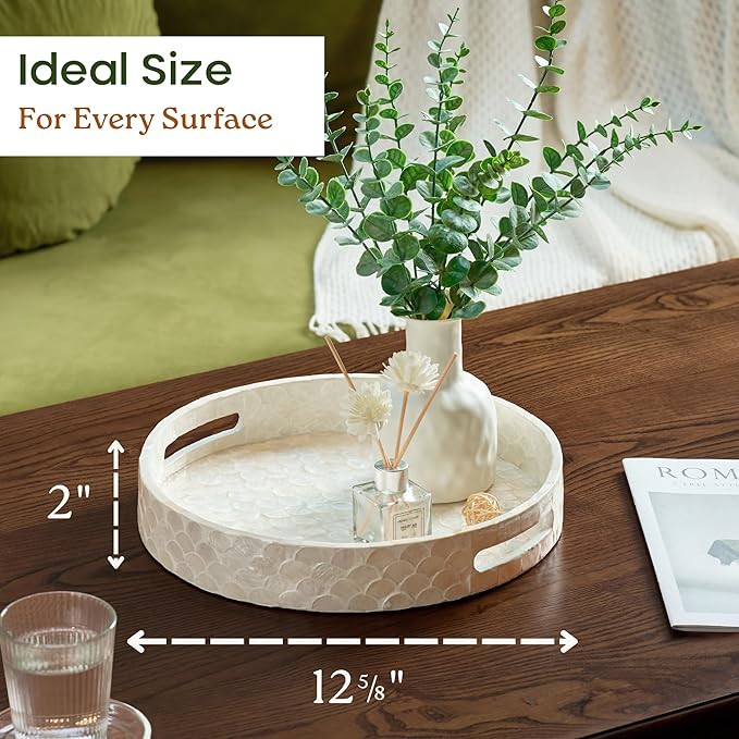 12.6 Inch Capiz Round Decorative Tray, Decorative Serving Tray with Handles for Coffee Table, Kitchen Counter, Bathroom Vanity or Dining Table Centerpiece Tray, Modern Farmhouse Decor