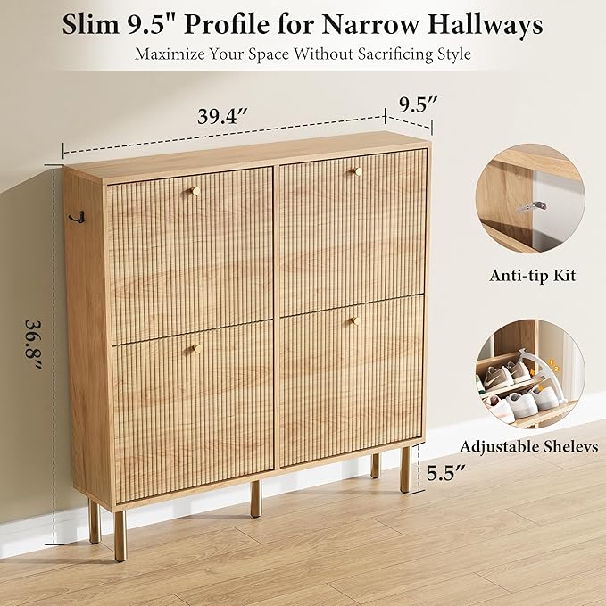 Nicetree Shoe Storage Cabinet for Entryway, Modern Natural Shoe Cabinet with Tiered Fluted Design, 9.5" Slim Shoe Rack for Small Spaces, 4 Flip Drawers Narrow Shoe Cabinet for Small Space