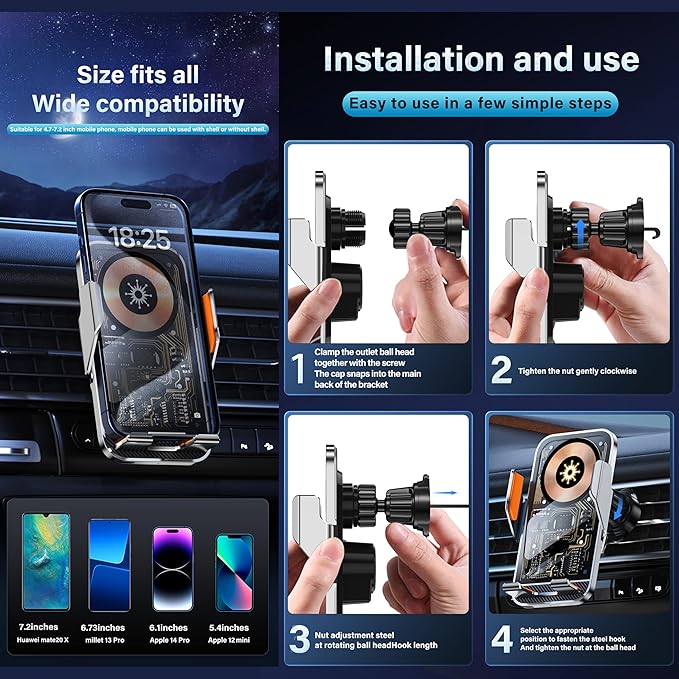 Wireless Car Phone Mount, 15W Fast Charging Car Phone Holder Charger Auto-Clamping 360 Dgrees Rotation Adjustable Air Vent Phone Mount Car Charger with luminous Logo for iPhone 16 15 14 13 S24 S23 S22