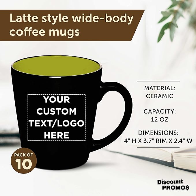 Custom Ceramic Coffee Latte Mugs 12 oz. Set of 10, Personalized Bulk Pack - Perfect for Coffee, Tea, Espresso, Hot Cocoa, Other Beverages - Lime Green