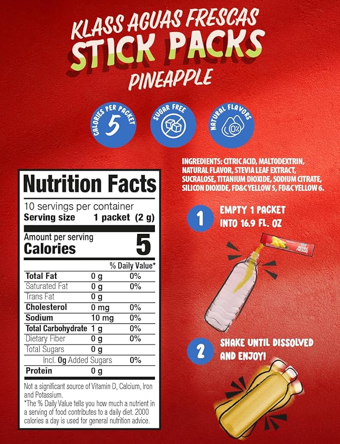 Klass Aguas Frescas, Powdered Drink Mix, 40 Singles Zero Sugar & Caffeine-Free Powder Packets, Water Drink Mix, Flavor: Pineapple - 5 Calories Per Packet & Natural Flavors