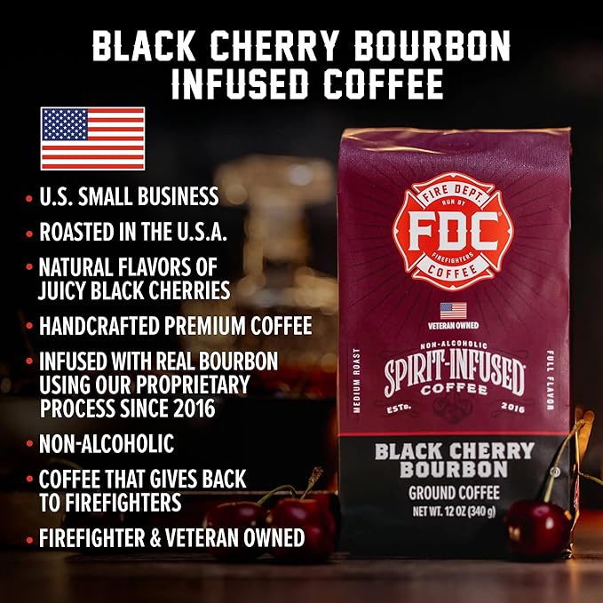 Fire Department Coffee Black Cherry Bourbon Infused Medium Roast Ground Coffee - 12 oz (2 Pack) - Non-Alcoholic - Gives Back to Firefighters - Roasted in the USA - Veteran Owned