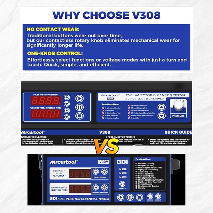 MR CARTOOL V308 Injector Cleaner Machine 4-Cylinder, 110V Injector Cleaner Tester Machine Heated Ultrasonic Fuel System Injection Cleaning Kit for Diesel Gasoline Car Motorcycle