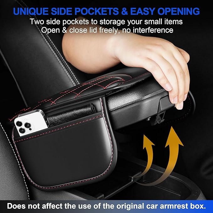 Car Center Console Cover Fit for Subaru Outback Leather Car Armrest Cover Cushion with 2 Pockets(Black&Redline)