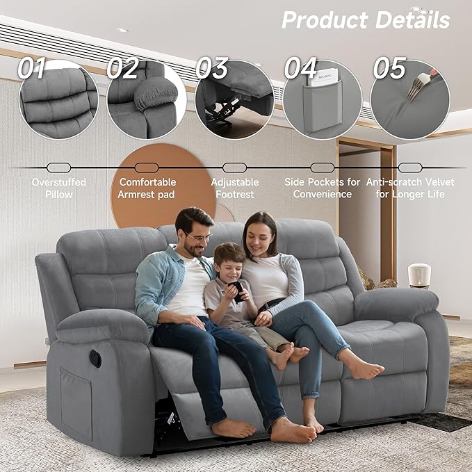 Reclining Sofa Set 3 Seater Couch Recliner, Velvet Wall Hugger Recliner Sofas for Living Room, RV, Home Theater Seating(Grey, 3 Seater Sofa)