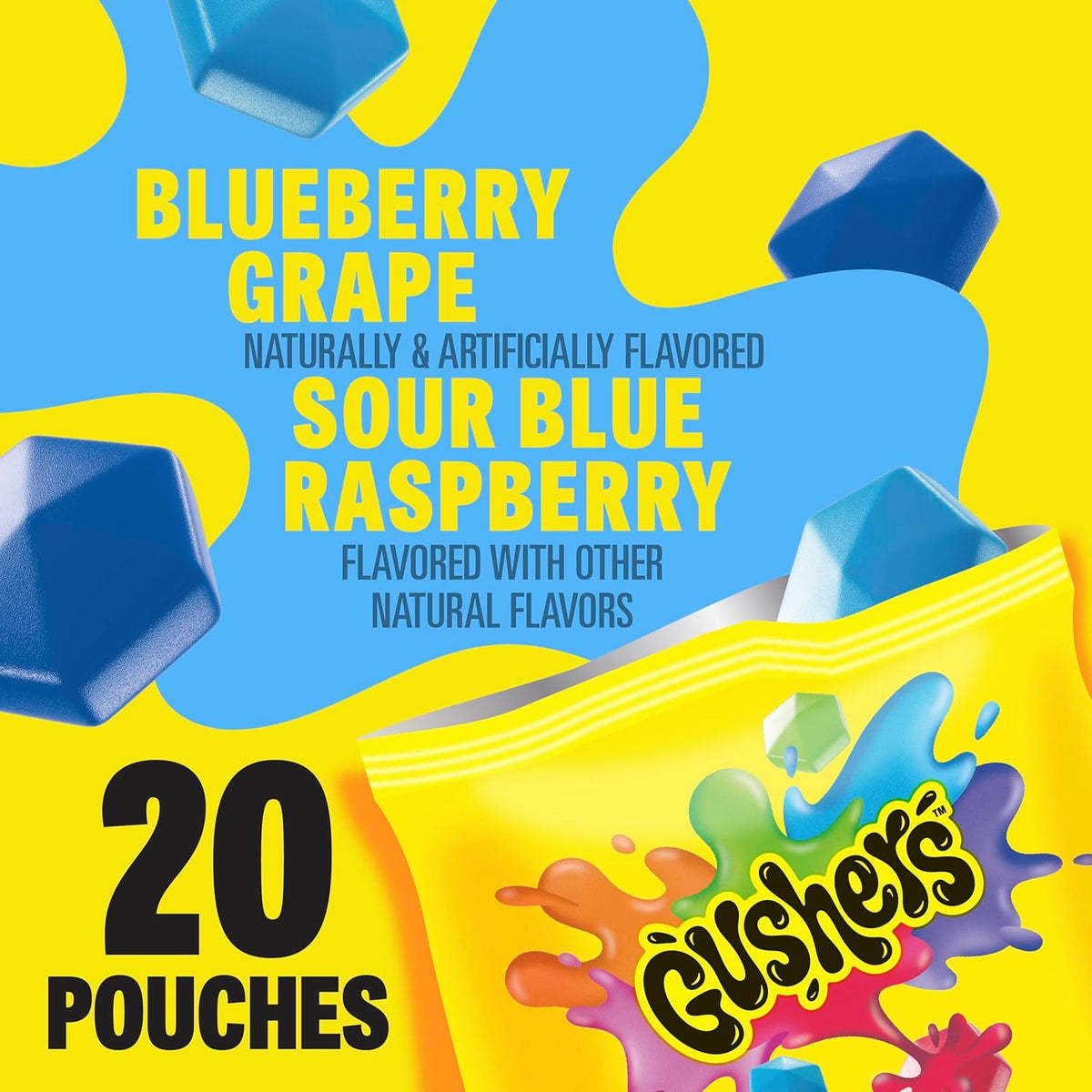 Gushers Fruit Flavored Snacks, Blueberry Grape, Sour Blue Raspberry, 20 Pouches, Family Pack, 16 oz
