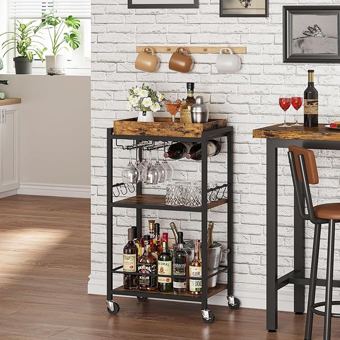 TUTOTAK Bar Cart with Removable Tray, Home Bar Serving Cart, Drink Cart, Mobile Kitchen Shelf with Wine Rack and Glass Holder, Rolling Beverage Cart for Living Room, Kitchen, Brown BC01BB036