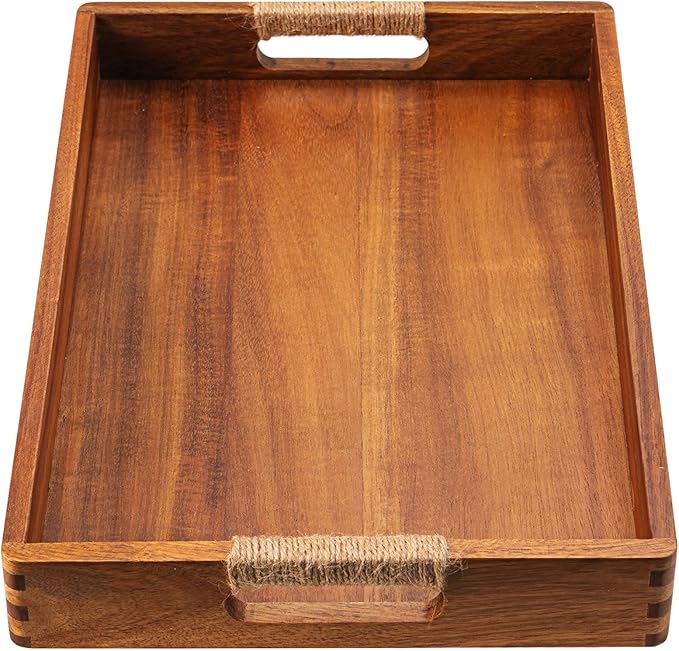 16.5 x 12 Inches Acacia Wood Serving Tray, Large Wooden Food Trays with Handles, Coffee Table Tray for Ottoman, Charcuterie, Parties, Eating, Snack, Decor, Outdoor Kitchen Counter Bandeja De Madera