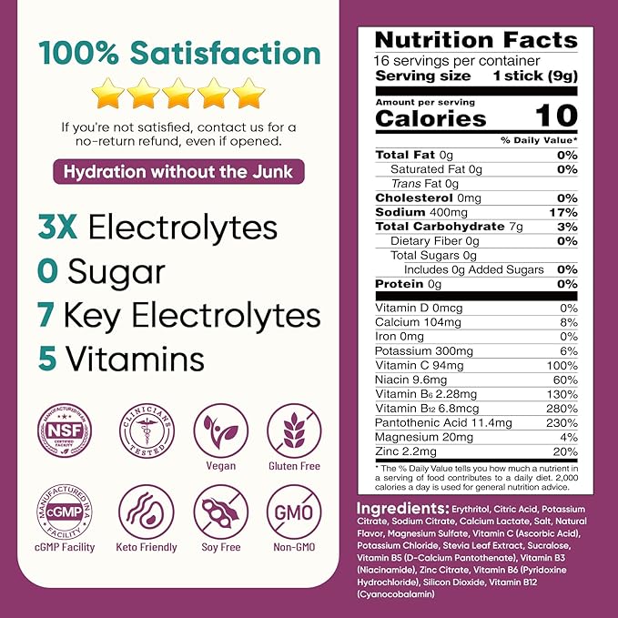 Venture Pal Sugar Free Electrolyte Powder Packets - Liquid Daily IV Drink Mix for Rapid Hydration & Party Recovery | 5 Vitamins & 7 Electrolytes| Keto Friendly | Non-GMO | Certified Vegan | 16 Sticks