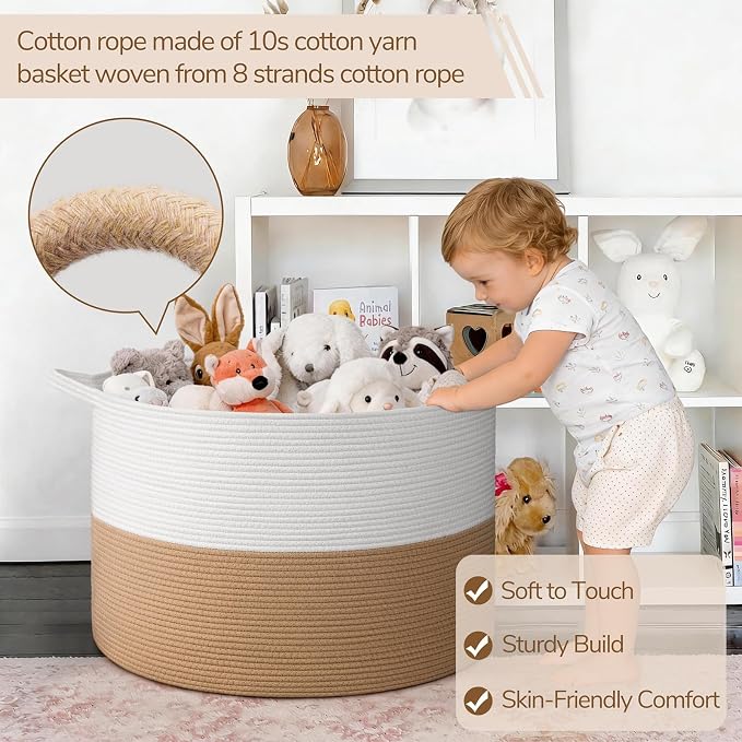 INDRESSME 115L Extra Large Jute Rope Basket, Blanket Basket Home Decor Baby Laundry Baskets for Toys Storage Bedroom, Living Room, Nursery, Boho Hamper for Colthes Towel, White & Camel