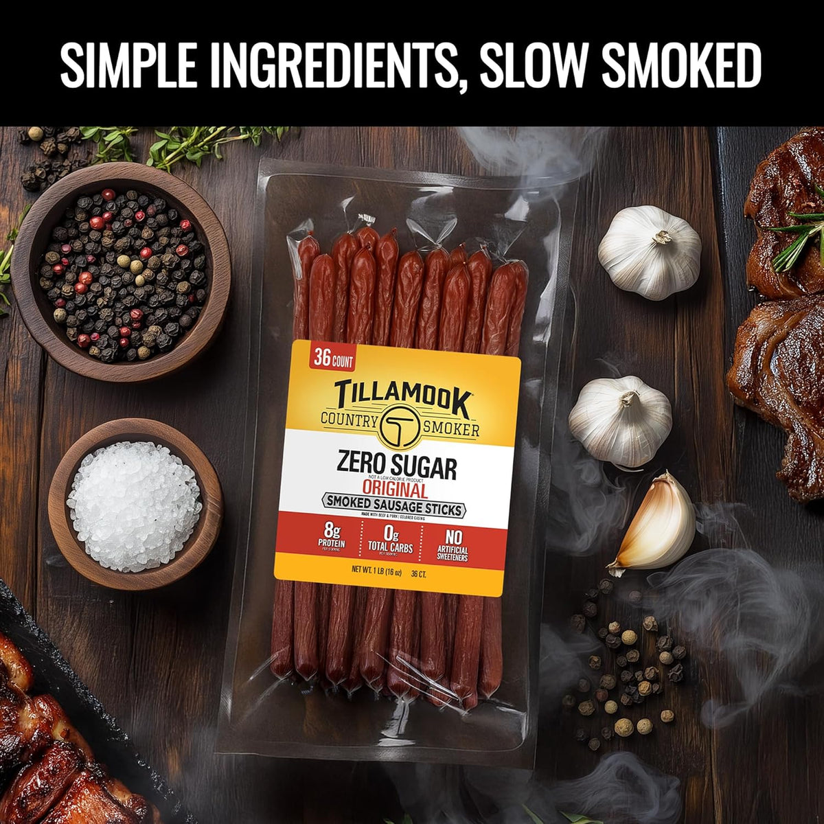 Tillamook Country Smoker Smoked Sausage, Zero Sugar, Original, 16 Ounce (36 Count Meat Sticks) Real Hardwood Smoked Sausages, Low Carb, High Protein Ready to Eat Keto Snack