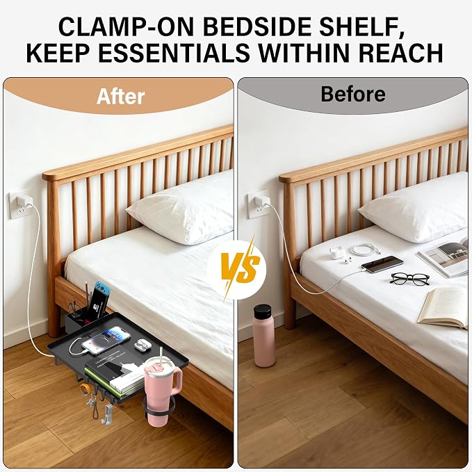 Bedside Shelf, Metal Bed Shelf For Dorm Room Bunk Bed & Top Bunk, College Dorm Room Essentials, Clip On Floating Tray Space Saving Nightstand For Loft Beds With Removable Cup & Holder (Black)