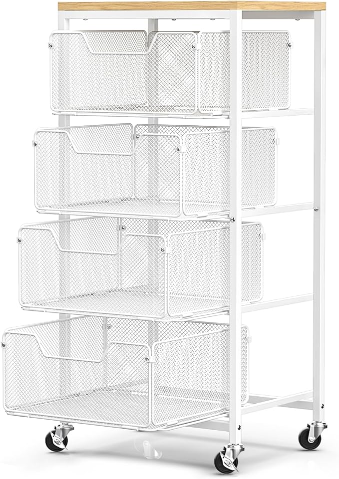 Rolling Cart with Drawers, 4-Tier Utility Cart Storage Organizer with Lockable Wheels, Metal Craft Storage Cart with Wooden Top for Kitchen, Bathroom, School, Studio, Office, Bedroom, White