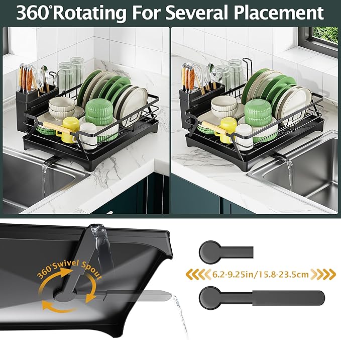 Epicano Dish Drying Rack for Kitchen Counter,Black,Large Capacity | Raised Feet,Rustproof,Wooden Handle,Auto-Drainage System,Cup Holder & Knife Slots, Sink Storage Organizer