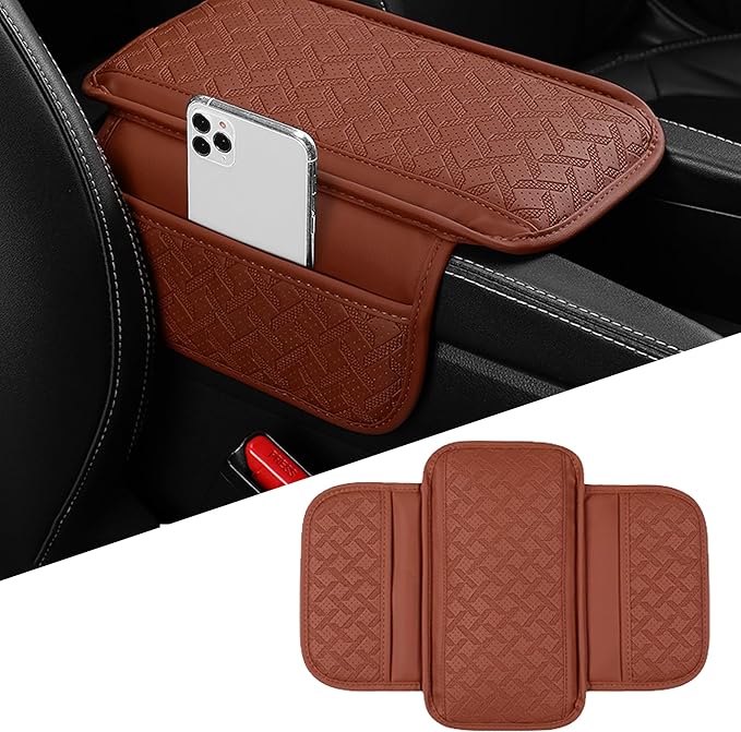Car Armrest Cushion, Leather Soft Vehicle Center Console Cover with 2 Storage Bag, Breathable Automotive Interior Arm Rest Protection Pad Accessories, Universal for SUV Sedan Truck(Orange)