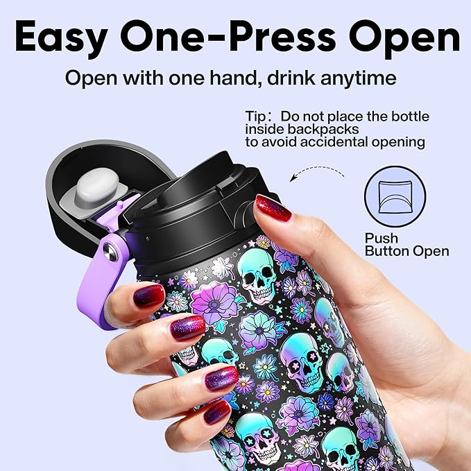Insulated Water Bottle with Straw - Encool Stainless Steel Water Bottle with Push Button Lid, Leak-Proof & BPA-Free, Keeps Cold for 24 Hours for Sports, Travel, Gym (32 oz, Floral Afterlife)