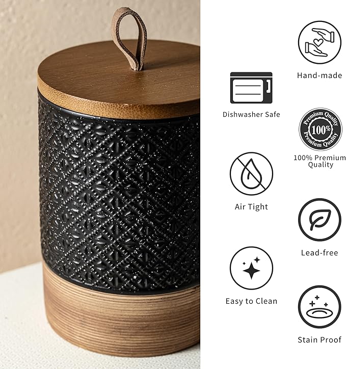 Ceramic Jar with Lid, Airtight Coffee Container, Kitchen Food Storage Jar for Coffee Bean Spice Sugar Cookie, Stackable Decorative Jars for Housewarming Gift, Coffee Bar Decor, Black 28 fl.oz