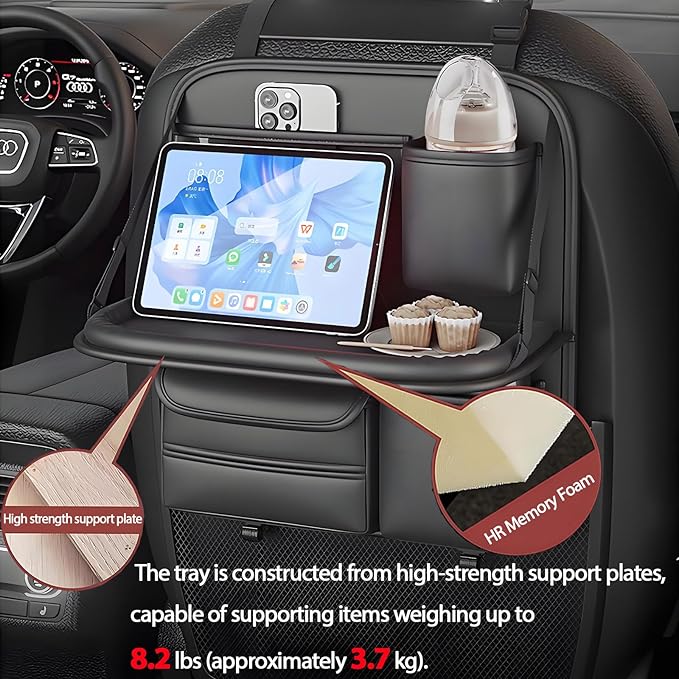 2 Pack Universal Premium Leather Foldable Car Backseat Organizer with Table Tray, Seat Back Protector with Touch Screen Pad Phone Holder, Car Storage Pockets Tissue Box with School Bags Hooks