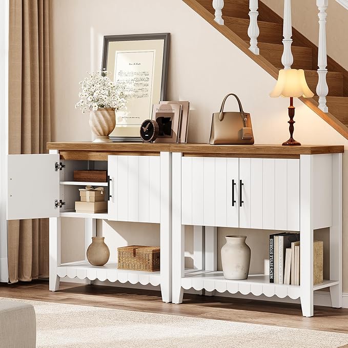 31.7" Entryway Table Console Table with Storage, Coffee Bar Cabinet with 2 Doors, Farmhouse Narrow Sofa Table w/Open Storage Shelf, Buffet Cabinet Sideboard for Living Room, Entryway, Foyer White