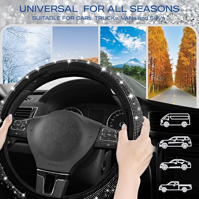 Skechers Women’s Bling Steering Wheel Cover, Velvet with Sparkly Crystal Rhinestones, Stylish Car Interior Gift, Universal Fit 14" 1/2-15" for Cars, SUVs, Trucks, Black Diamond