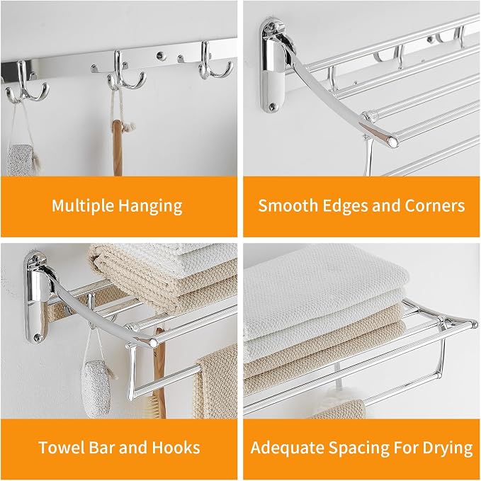 BESy 24 Inch Polished Chrome Towel Racks, Bathroom Towel Shelf with Foldable Towel Bar Holder and Towel Hooks, Wall Mounted Multifunctional Bathroom Accessories, Double Towel Bars