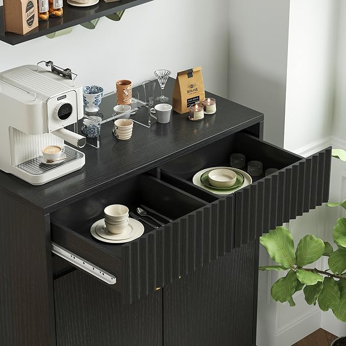 Sideboard Storage Cabinet with 2 Drawers & 2 Doors, Fluted Kitchen Buffet Cabinet with Adjustable Shelves, Coffee Bar Station for Living Room, Entryway, 13.8 x 27.6 x 35.6 Inches, Black