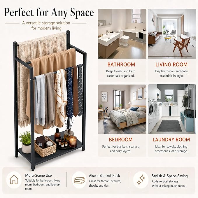 Freestanding Towel Rack, 3 Tier Blanket Ladder Stand with Black Wooden Shelf for Bathroom Living Room (31.5" H x 16.9" W x7.9 D)