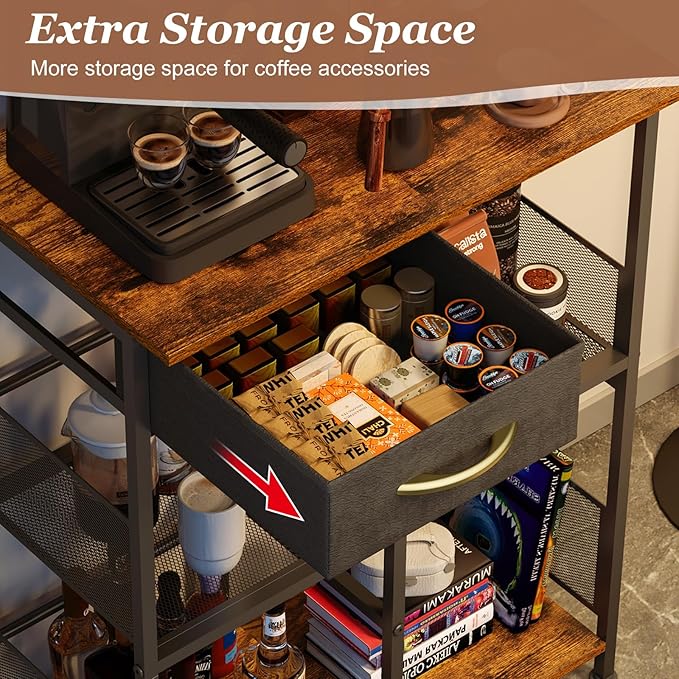 X-cosrack Coffee Bar Stand Station with Storage Drawer, Extended Worktop Coffee Table, Farmhouse Corner Bar Cabinet for Small Spaces, Barkers Rack & Home Bar for Entryway, Living Room