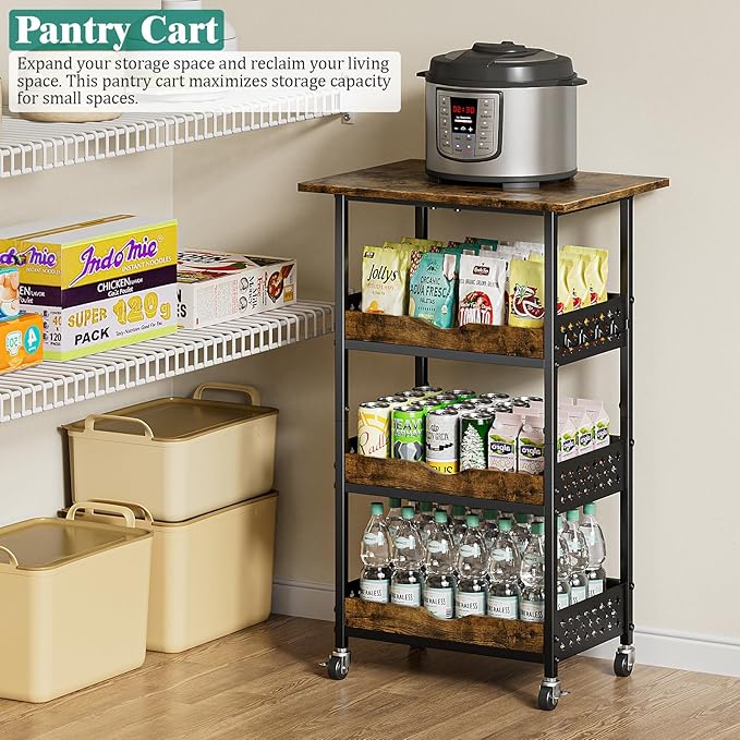 Giwil 4-Tier Rolling Kitchen Cart, Microwave Stand with Wooden Top Coffee Station Table Snack Rack Organizer, Utility Cart on Wheels for Onions Potatoes, Black