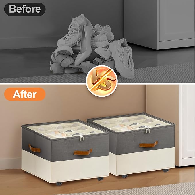 Shoe Organizer for Closet, Shoe Storage Organizer with Wheels and Adjustable Divider, Stackable Shoe Storage Box with Clear Cover, Foldable Closet Shoe Organizer Fits up to 16-32 Pairs, Gray and Beige