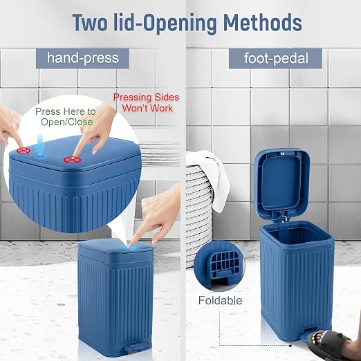 rejomiik Small Bathroom Trash Can with Lid Slim Soft Close Garbage Can Step Wastebasket Container Trash Bin for Office Bedroom Kitchen Living Room 1.9 Gallon, Navy Blue
