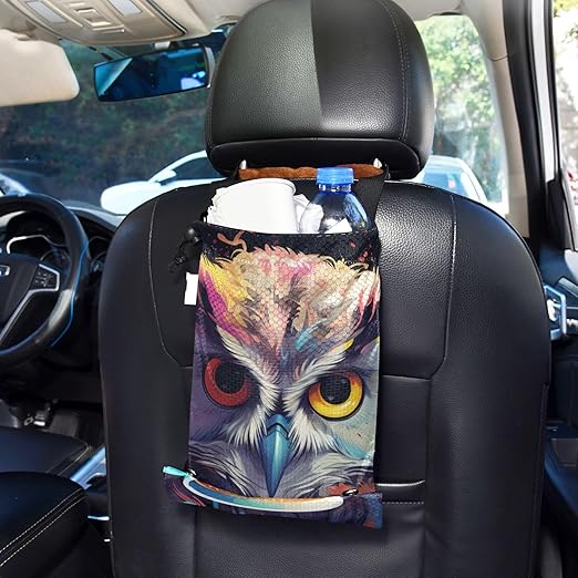 ALAZA Hanging Car Trash Bags Garbage Bag Trash Can for Back Seat Small Owl Coffee Washable Storage Bag Retractable 2 Pack