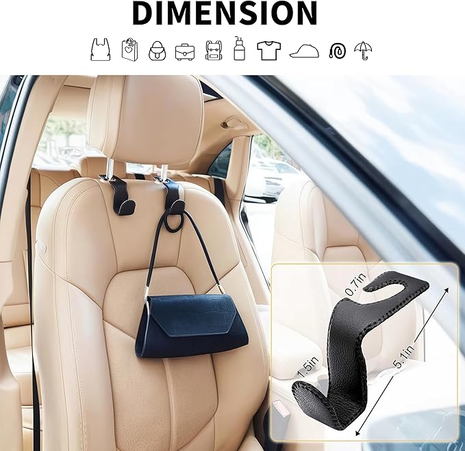 Headrest Hooks for Purses and Bags, 2 Pack Car Seat Hooks for Grocery Bag Handbag, Metal Car Purse Holder Covered by Leather, Black