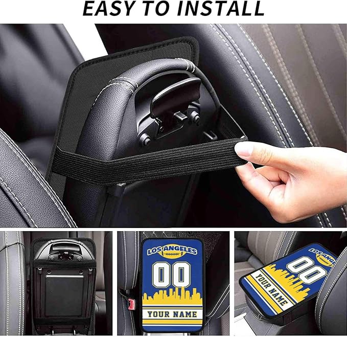 Custom Los Angeles R Car Armrest Covers Personalized Football Style with Name Number Customized Auto Center Console Pad Car Handrail Box Cushion for Most Vehicle Decor Accessories, Fans Gift